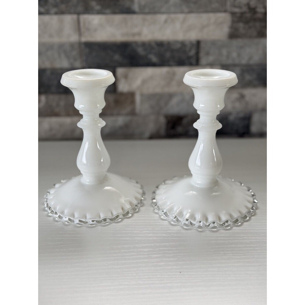 (2) Vintage Fenton Silver Crest White Milk Glass Ruffled 6” Tall Candlesticks